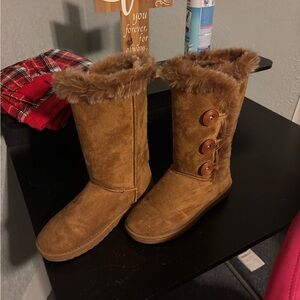 Faux-Suede Mid-Calf Winter Boots with Faux-Fur Trim and Button Detail - Brown